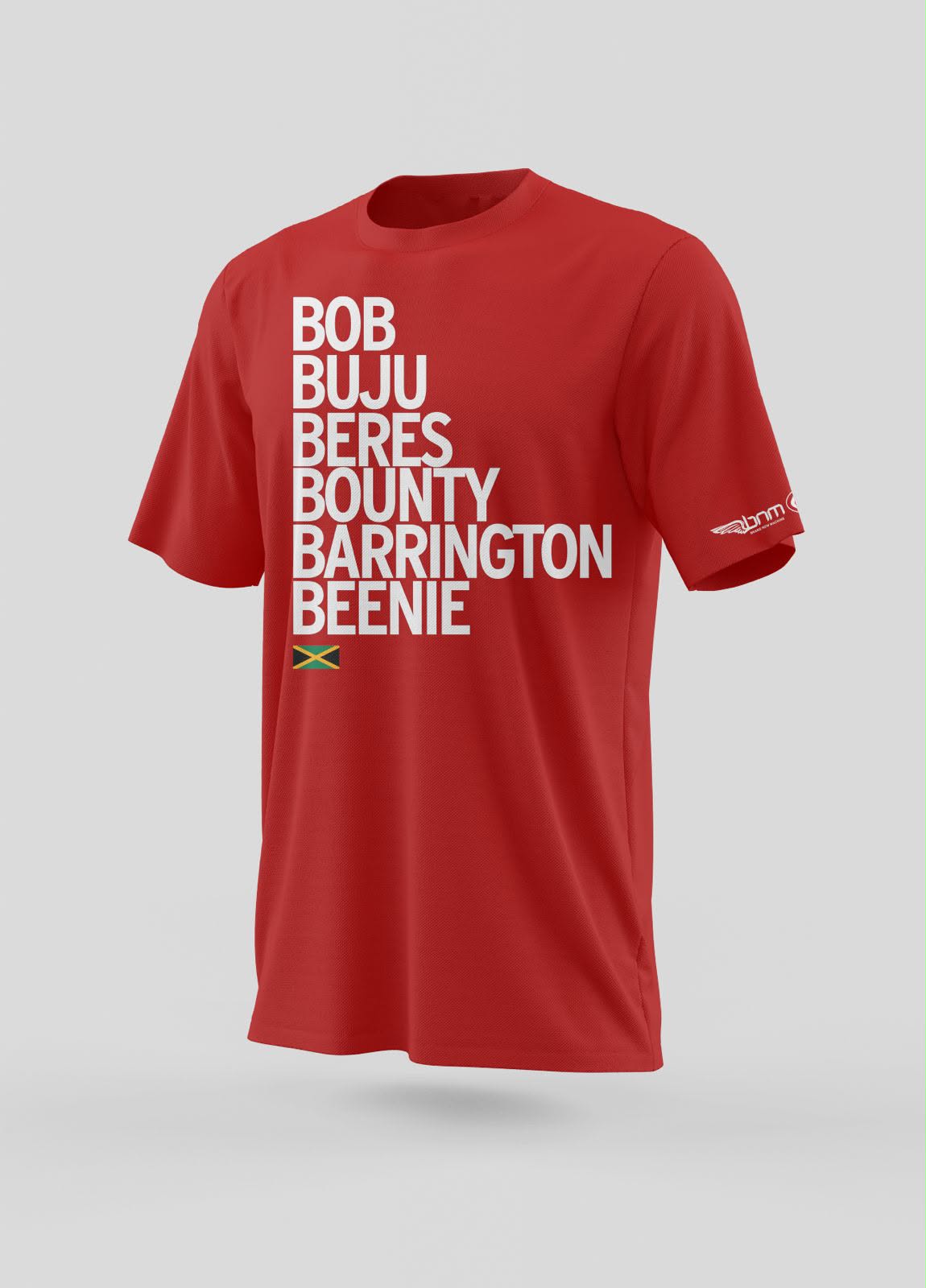 Red Heroes tee with six Jamaican music icons named in white type